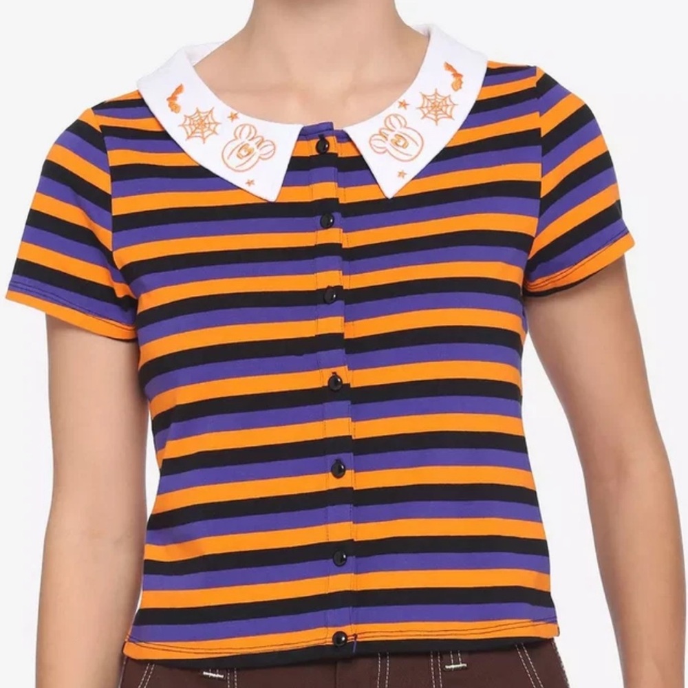Her Universe Disney Halloween Stripe Collar Crop Top Orange Purple Button Down